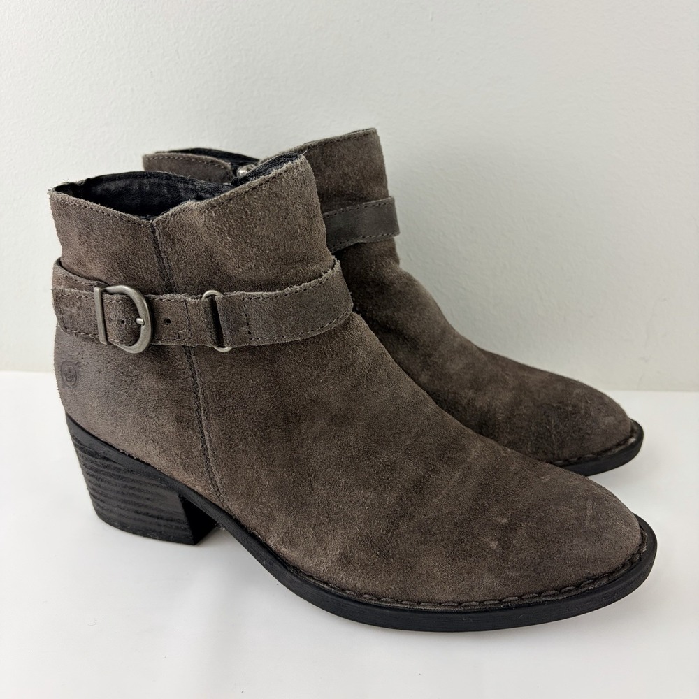 Born Brown Suede Women's Ankle Boots Size 7 Buckle Low Heel Comfort Shoes